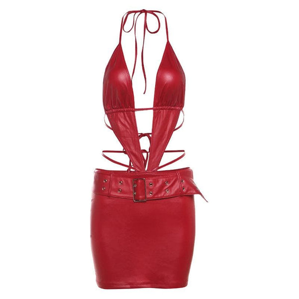 Robe mini dos nu en cuir PU avec boucle licou et col en V | Robe de tango rouge 