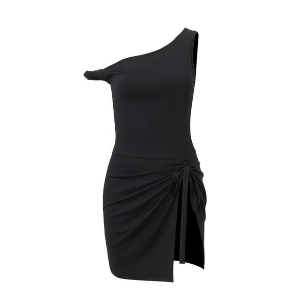 Mini-robe froncée à une épaule nouée et à fente haute 
