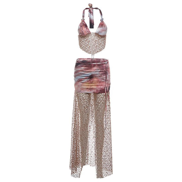 Ensemble jupe longue fendue haute en résille à licou et tie dye 