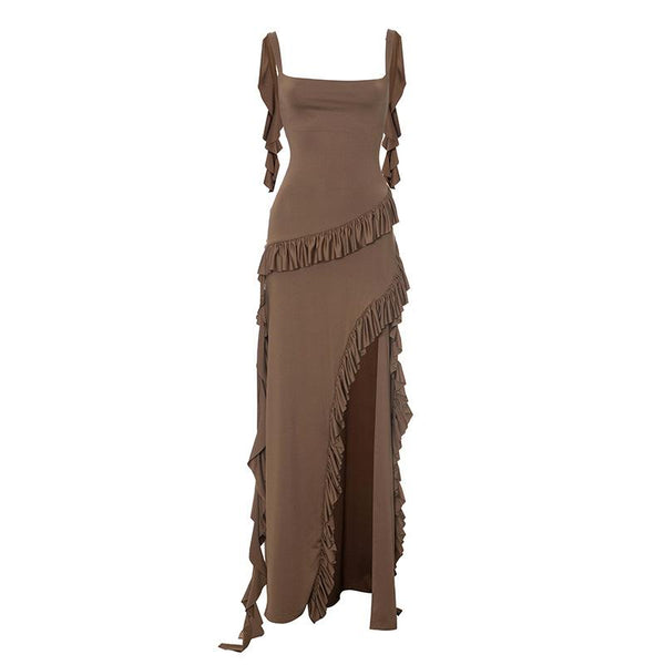 Robe longue à encolure carrée et volants à fente haute 