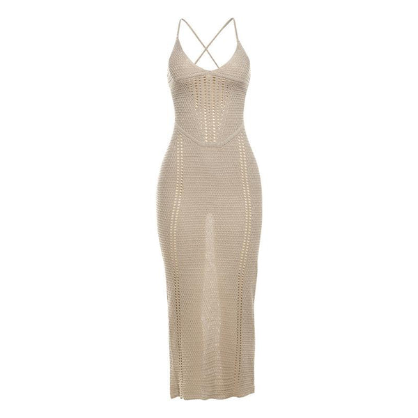 Robe midi camisole en tricot à col en U profond et lacets croisés dans le dos | robe rave noire 