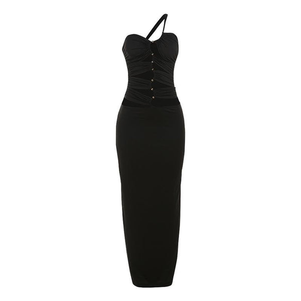Robe longue asymétrique à appliqués métalliques ajourés | robe de tango rouge 