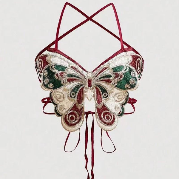 Haut court dos nu à broderies contrastées et papillons croisés 