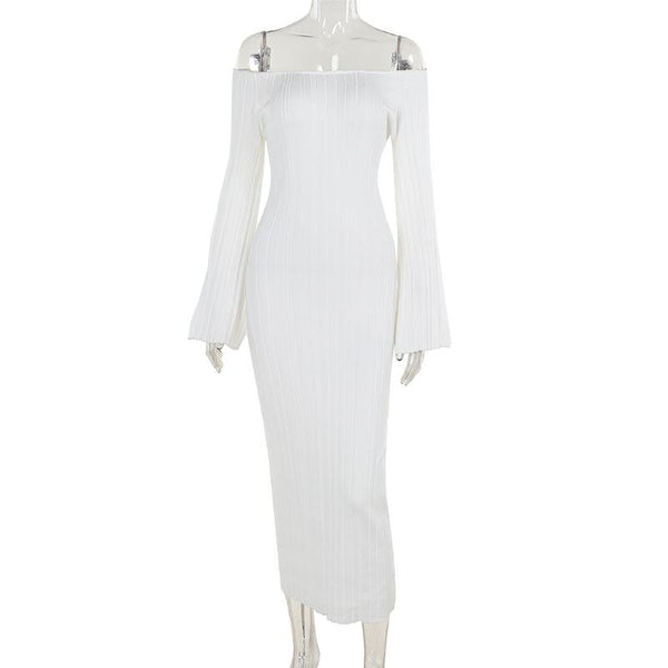 Robe longue unie en tricot à manches longues et épaules dénudées 