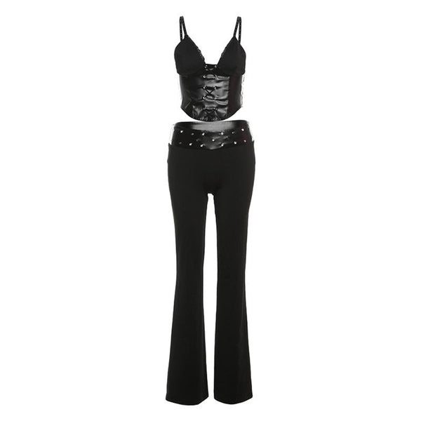 Ensemble pantalon caraco à lacets en cuir PU à col en V 