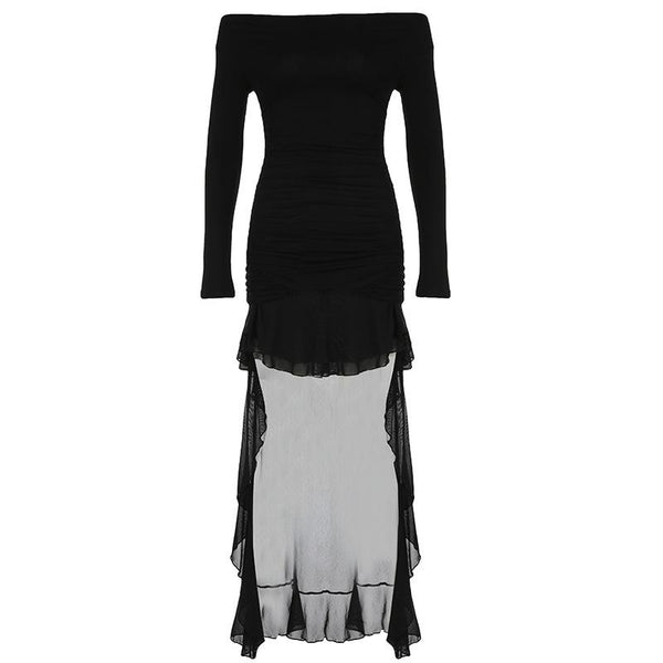 Robe longue en maille froncée à volants et manches longues à épaules dénudées 