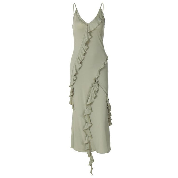 Robe midi irrégulière à col en V et volants, dos nu 