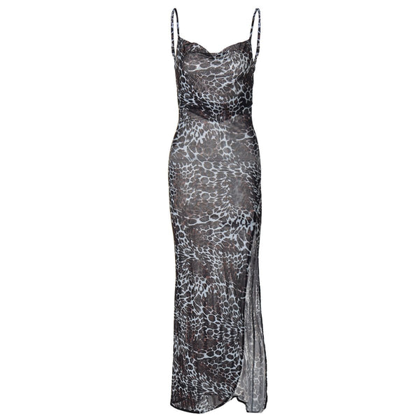 Robe longue à imprimé léopard, col bénitier, fente haute et dos nu 