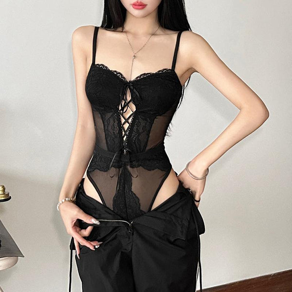 Body camisole patchwork en dentelle et nœud papillon à lacets 