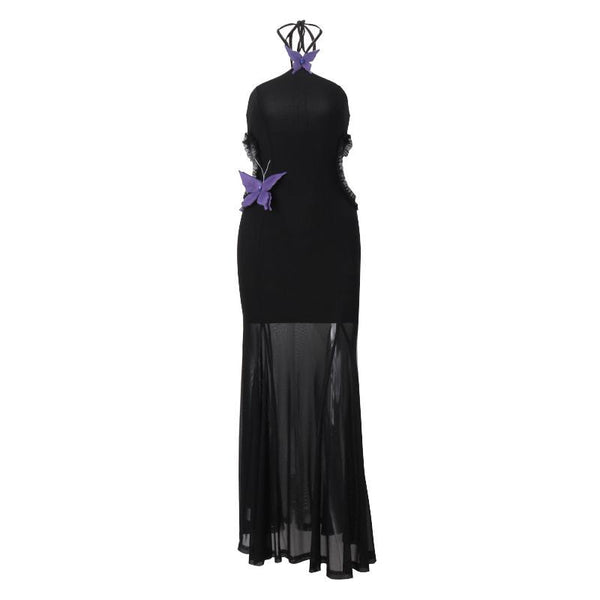 Robe longue en maille ajourée avec appliques papillon et licou 
