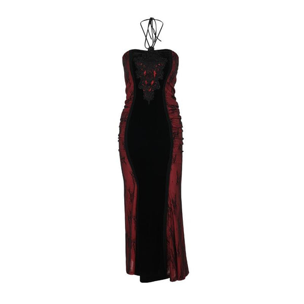 Robe longue froncée contrastée à broderies et dos nu | robe tango rouge 