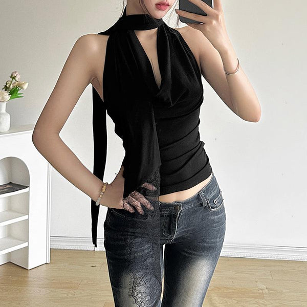 Halter cowl neck ruched backless top