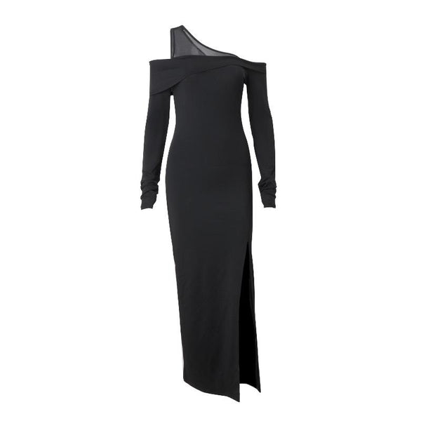 Robe longue unie fendue à manches longues et épaules dénudées 