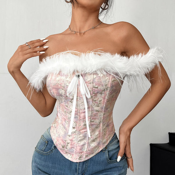 Haut corset à imprimé duveteux et épaules dénudées avec nœud papillon 