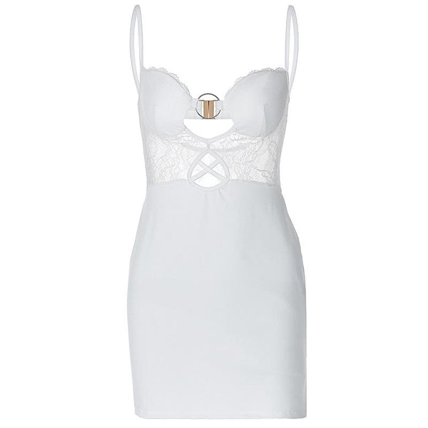 Robe courte camisole dos nu à boutons froncés en dentelle avec anneau en O 