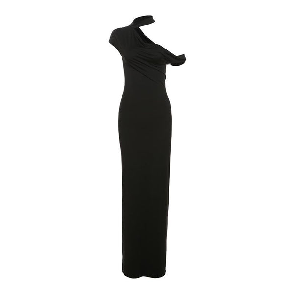 Robe longue irrégulière à manches courtes et à une épaule 
