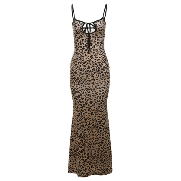 Robe longue à imprimé léopard, dos nu, ajourée et découpée 