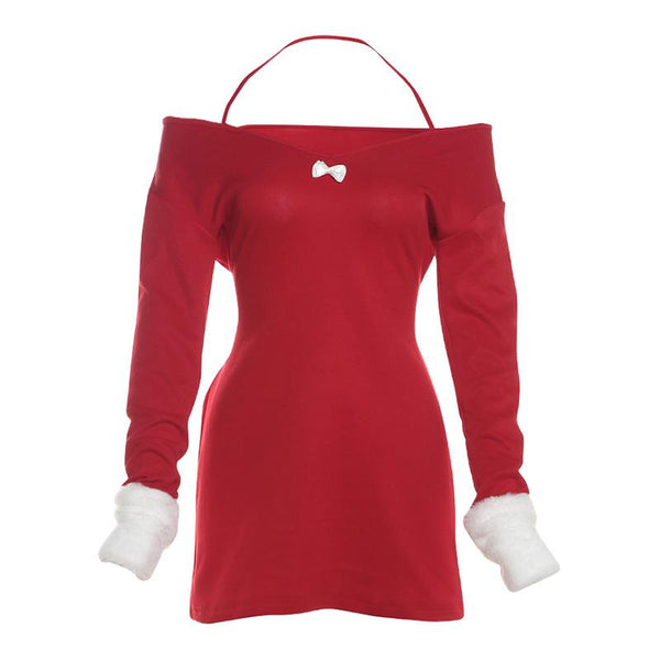 Mini-robe duveteuse à manches longues et épaules dénudées 