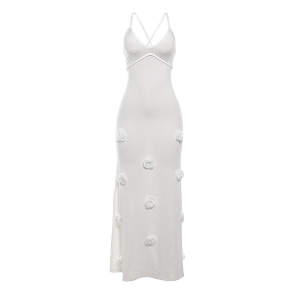 Robe longue camisole à col en V et appliques florales croisées dans le dos | Robe de tango rouge 