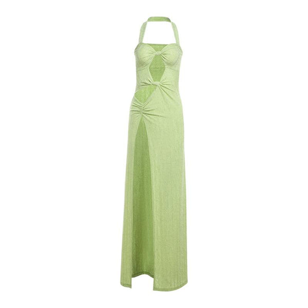 Robe longue froncée à fente haute et dos nu 