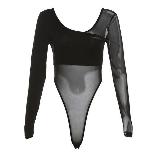 Body patchwork à manches longues en maille avec étiquette métallique 