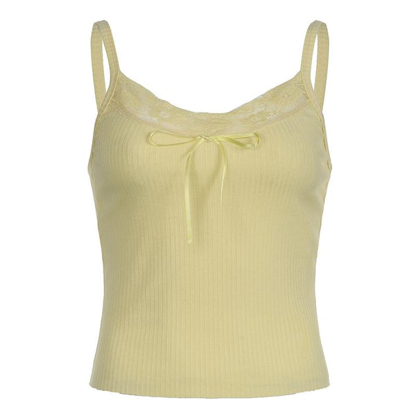 Haut camisole côtelé à col en U et ourlet en dentelle avec nœud papillon 