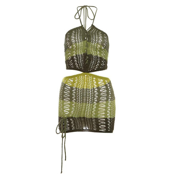 Mini-robe dos nu en tricot à lacets et licou à nouer soi-même 