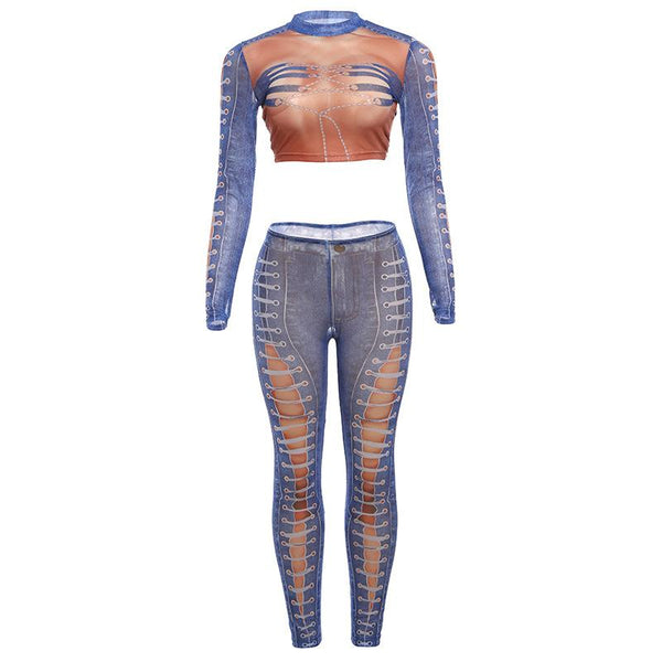 Ensemble pantalon court à manches longues et imprimé denim 