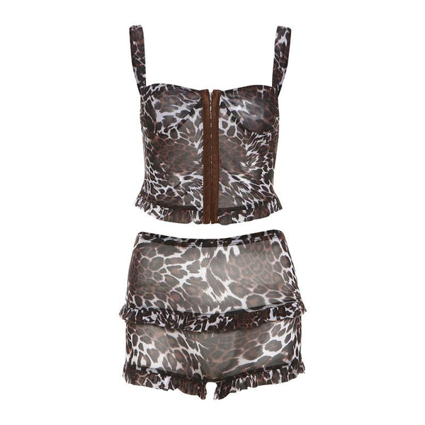 Ensemble short et camisole boutonné en maille à imprimé léopard 