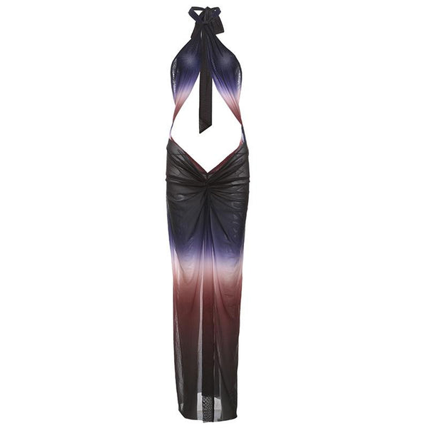 Robe longue en maille transparente à licou froncée et à nouer sur le devant | robe samba 