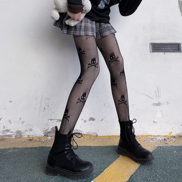 Collants résille à motif tête de mort 