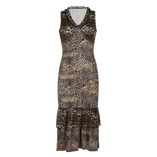 Robe midi froncée à volants et col en V à imprimé léopard 