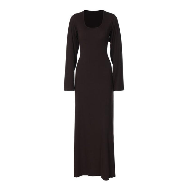 Robe longue côtelée unie à manches longues et col en U | Robe tango rouge 