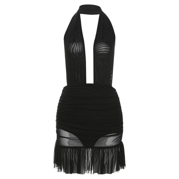 Mini-robe dos nu en maille froncée à licou 