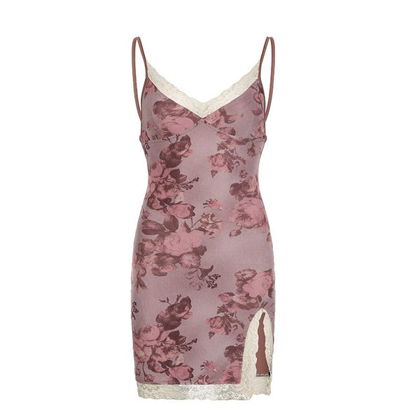 Robe courte à imprimé rose avec ourlet en dentelle et col en V 
