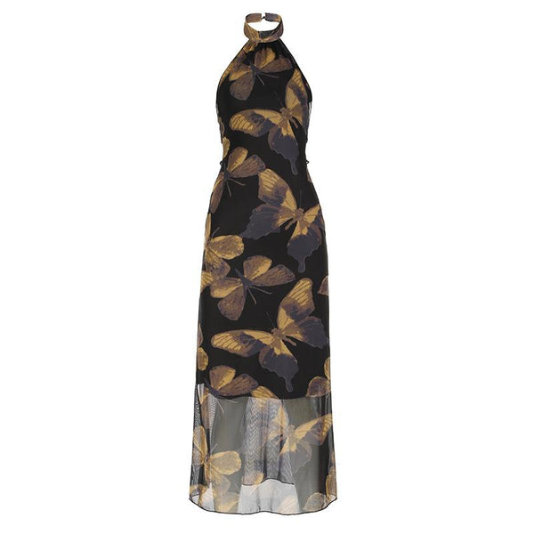Robe longue dos nu en maille à imprimé papillon et licou 