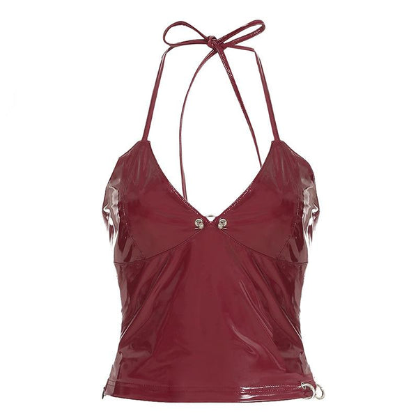 Haut en cuir PU zippé à col en V et licou 
