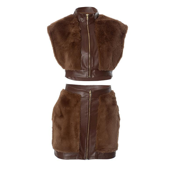 Ensemble mini-jupe zippée en cuir PU moelleux à manches courtes 