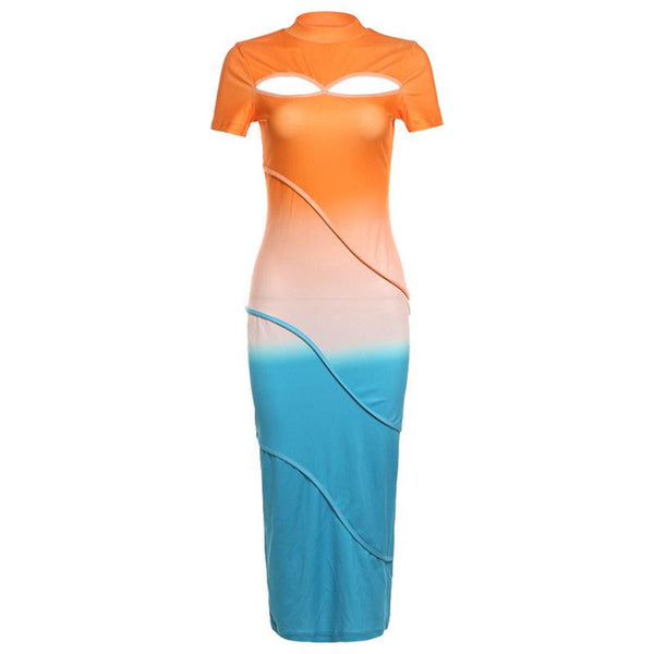 Robe midi à manches courtes, col ras du cou, coutures contrastées et ajourées 