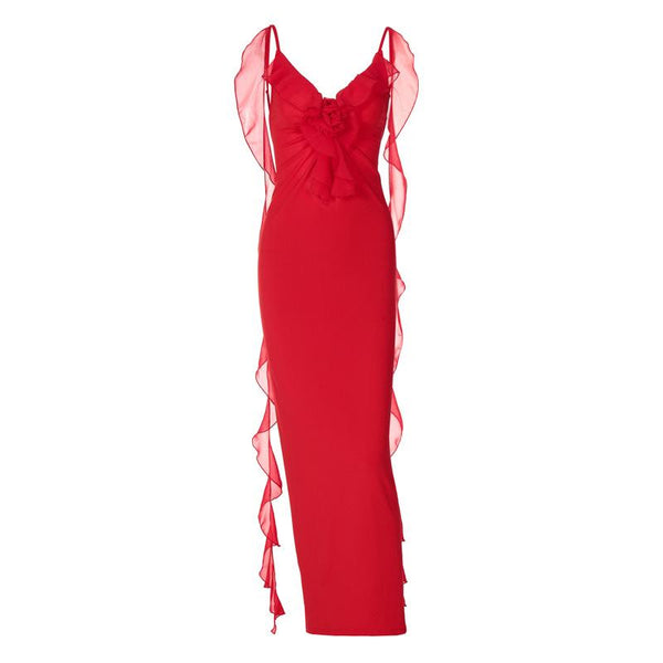 Robe longue dos nu à volants et appliques florales | Robe de tango rouge 
