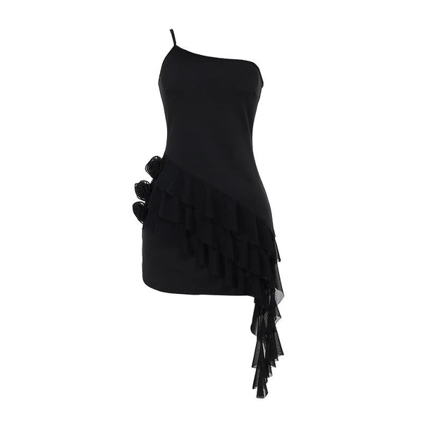 Robe mini asymétrique à volants et appliques florales | Robe de tango rouge 