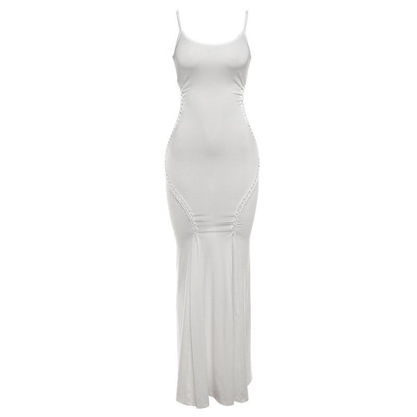 Robe longue camisole unie à col en U et ajourée 