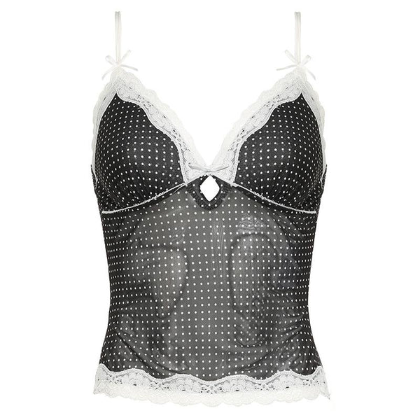 Haut à nœud papillon et ourlet en dentelle imprimé à pois et col en V 