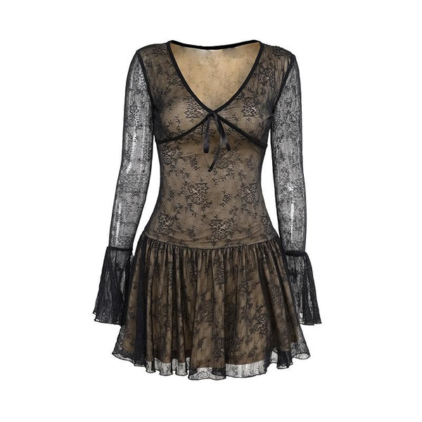 Mini-robe en dentelle à manches longues et col en V avec nœud papillon 