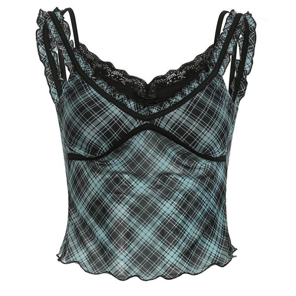 Haut camisole à volants en maille patchwork avec ourlet en dentelle à carreaux 