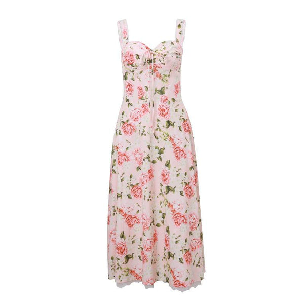 Robe midi camisole à ourlet en dentelle froncée nouée et imprimé rose 