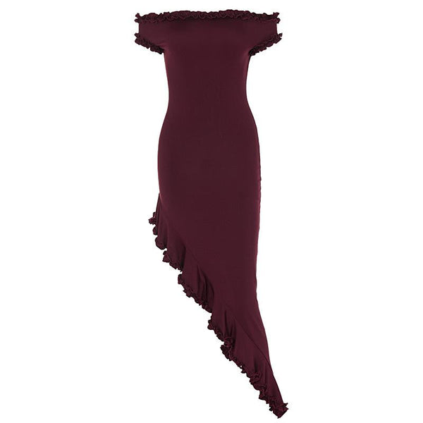 Robe midi irrégulière à volants et épaules dénudées à manches courtes | Robe de tango rouge 