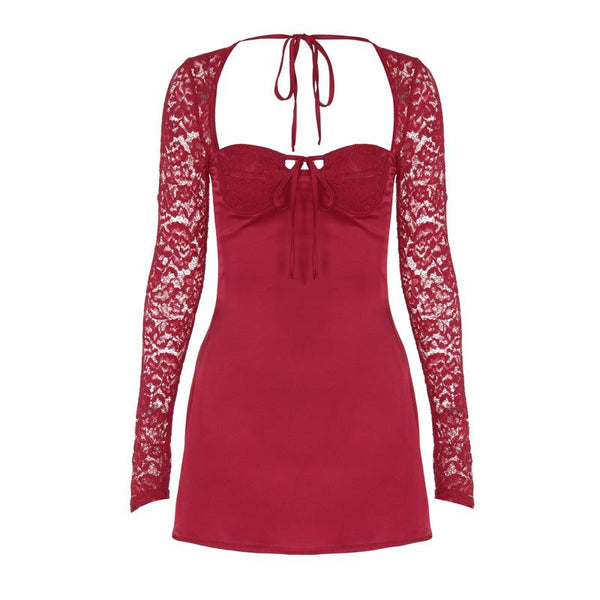 Robe mini froncée unie à manches longues en dentelle nouée | robe tango rouge 