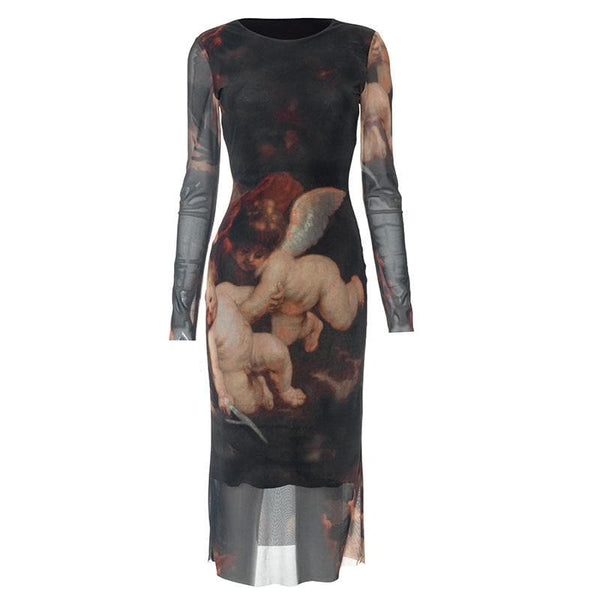 Robe midi en maille imprimée à manches longues et col ras du cou 