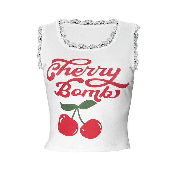 Débardeur à col en U avec imprimé de lettres de fruits et ourlet en dentelle 